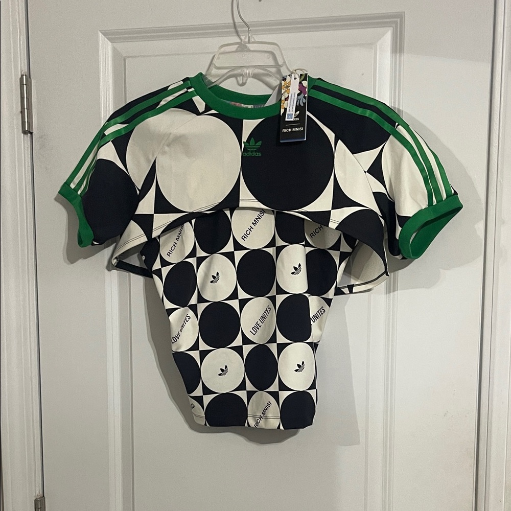 Adidas Black and White Circle Pattern Tee with Green Accents